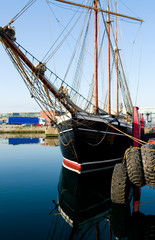 Seafaring / Frederikshavn / Denmark: Traditional three masted sailing ship in the ferry port