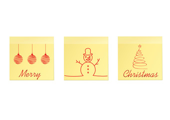 Hand-drawn christmas tree and santa claus and snowman on three yellow stickers. Greeting card. Vector on white background