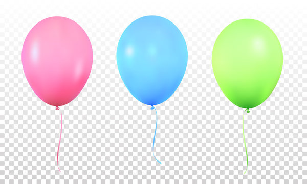 Balloons. Realistic vibrant colorful helium balloons with ribbons. Isolated ballon.