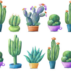 Regular seamless pattern with cute cacti, tall, round, prickly pear, agave, houseplants in pots, hand drawn illustration on white background. Cute cacti in pots, seamless pattern on white background