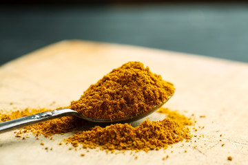 Powdered turmeric in metal spoon on a wooden table closeup