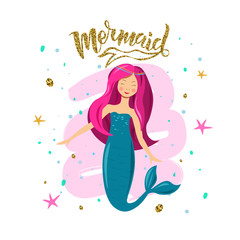 Hand sketched Mermaid text. Lettering typography for t-shirt design, birthday party, greeting card, party invitation, logo, badge, patch, icon, banner template. Vector illustration. 