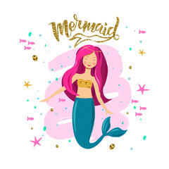 Naklejka na ściany i meble Hand sketched Mermaid text. Lettering typography for t-shirt design, birthday party, greeting card, party invitation, logo, badge, patch, icon, banner template. Vector illustration. 