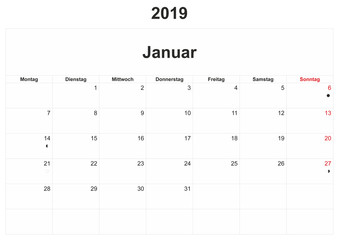 2019 German monthly calendar with white background.