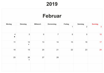 2019 German monthly calendar with white background.