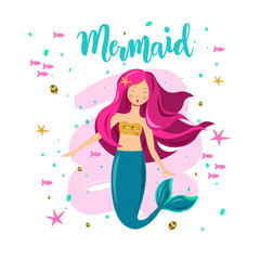 Obraz na płótnie Canvas Hand sketched Mermaid text. Lettering typography for t-shirt design, birthday party, greeting card, party invitation, logo, badge, patch, icon, banner template. Vector illustration. 