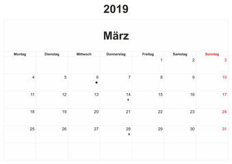 2019 German monthly calendar with white background.
