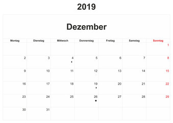 2019 German monthly calendar with white background.