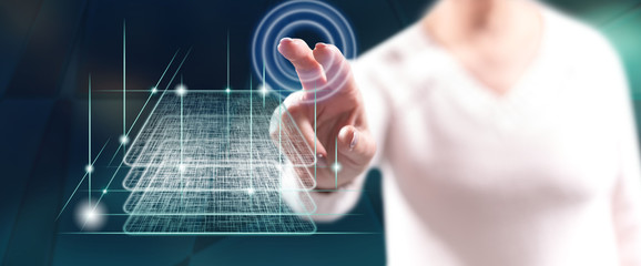 Woman touching a blockchain technology concept