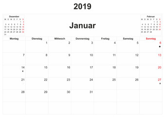 2019 German monthly calendar with white background.