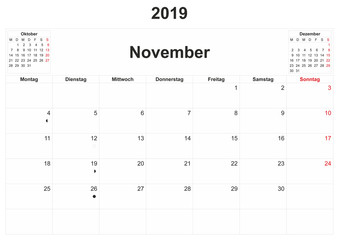 2019 German monthly calendar with white background.
