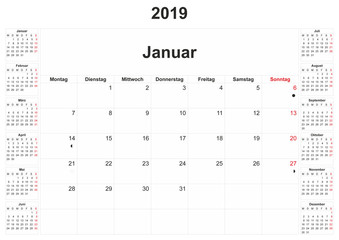 2019 German monthly calendar with white background.