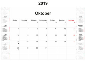 2019 German monthly calendar with white background.