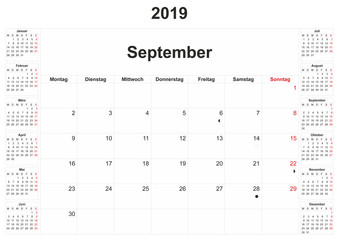 2019 German monthly calendar with white background.