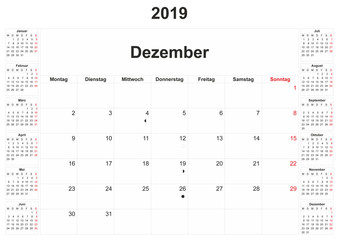 2019 German monthly calendar with white background.