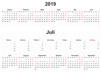 2019 German monthly calendar with white background.
