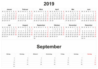 2019 German monthly calendar with white background.