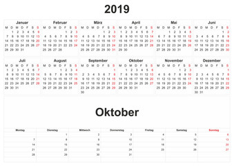 2019 German monthly calendar with white background.