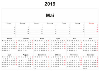 2019 German monthly calendar with white background.