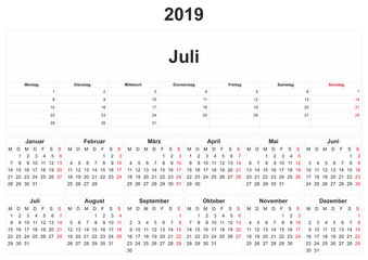 2019 German monthly calendar with white background.
