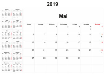2019 German monthly calendar with white background.
