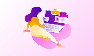 Distance education, consulting, training, language courses vector illustration with studying. Modern illustration concepts for website and mobile website development.