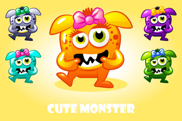 Vector cartoon cute baby monster in different colors, funny character set