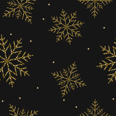Christmas gold snowflakes seamless background pattern. Festive new year decor glitter texture.
