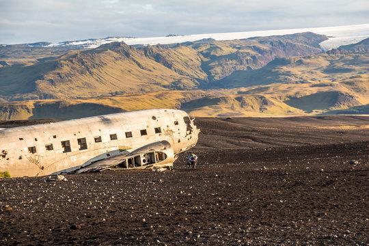 View on plane wreck DC-3 from far, morning time, Iceland