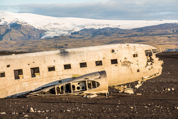 Plane wreck DC-3 and glacier background, Iceland