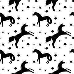 pattern black unicorn and stars on white background