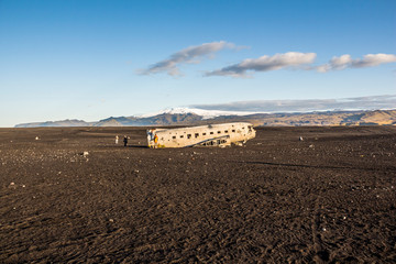View on plane wreck DC-3 from far, morning time, Iceland