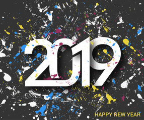 Abstract Happy New Year 2019 Text with Grunge Design Patter, Vector illustration.