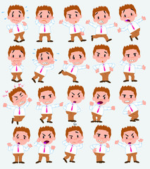 Cartoon character businessman in casual style. Set with different postures, attitudes and poses, always in negative attitude, doing different activities in vector vector illustrations.