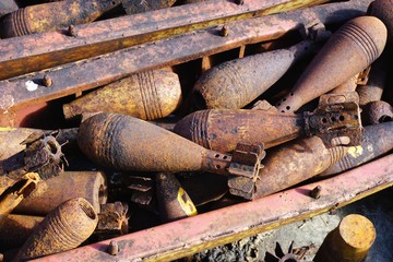 Closeup of defused bombs gathered in rural Laos, Southeast Asia