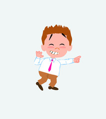 Businessman in casual style pointing to something funny on his left.