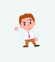 Businessman in casual style something angry shows something to his right.