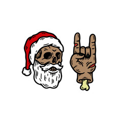SANTA CLAUS SKULL WITH ROCK SIGN HAND WHITE BACKGROUND
