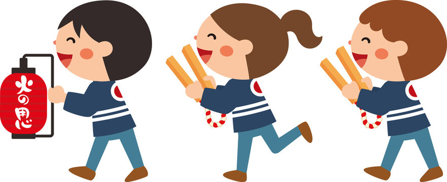 火の用心 はっぴを着て夜回りをする子供達 ベクターイラスト素材 Stock Vector Adobe Stock