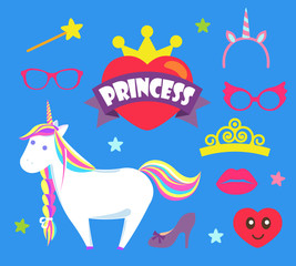 Princess Party Unicorn and Crown Icons Set Vector