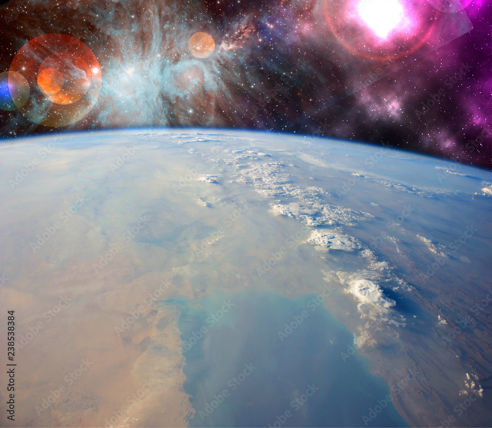 Sticker close up planet earth biosphere in space with stars and galaxy on background. elements of this image