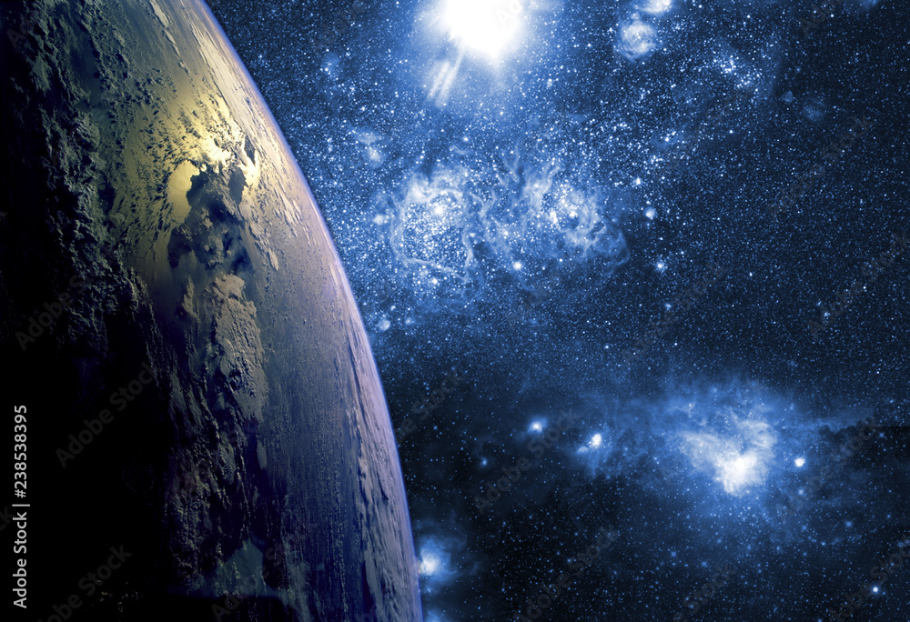 Poster close up planet earth biosphere in space with stars and galaxy on background. elements of this image