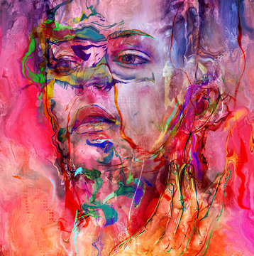 Emotional face portrait with watercolors and beauty