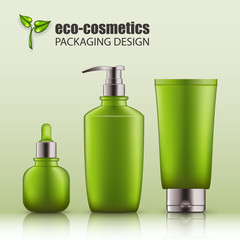Set of realistic green glass bottles eco cosvetic