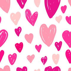 Abstract seamless pattern of pink hearts on white background.