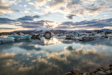 Beautiful glacier lagoon Jokulsarlon at sunset panorama, Iceland