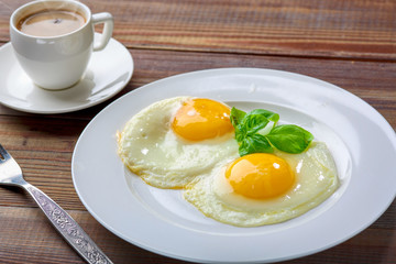 Breakfast scrambled eggs and fresh coffee