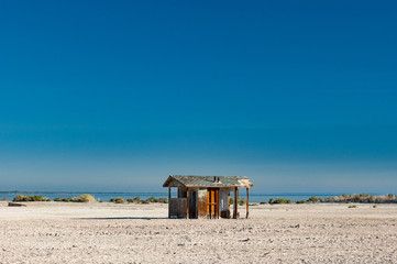 Old wooden shack on the Salton sea in southern California