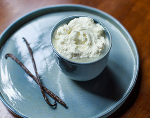 Fresh cream in a blue china bowl