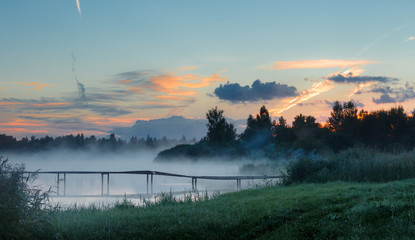 landscape, morning on the lake, fog, dawn outdoors